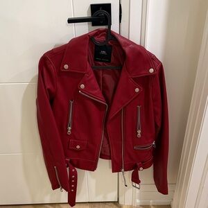 Zara Red Faux Leather Biker Jacket with Silver Hardware
